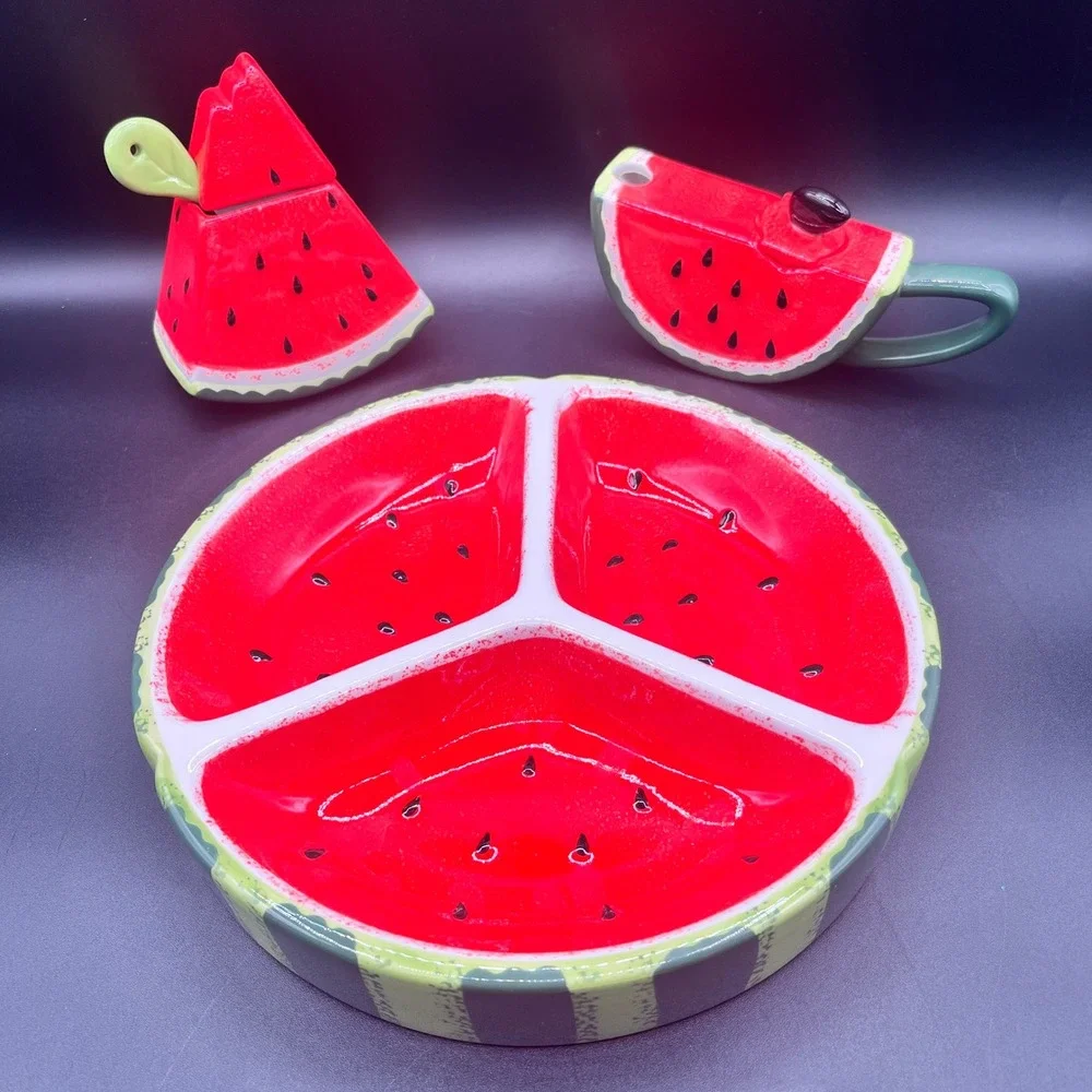 Watermelon Ceramic Serving Set Divided Tray Creamer Sugar Summer Decor 3pc 9